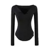 Estilo girl poderosa semi-aberto decote V profundo manga longa camisa base feminina outono novo estiloso versátil justo modelador top rosa