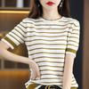 Suéter calado de hilo de algodón 100% a rayas para mujer, manga corta, nuevo primavera-verano 2024, sencillo, cuello redondo, manga media, camisa básica