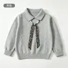 Suéter de punto para niña con cuello y estampado ondulado, cómodo y amigable con la piel, suéter infantil con cintas de perlas, tejido casual para niñas