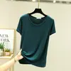 Camiseta casual feminina estilo coreano para primavera e verão, cor sólida nova, estilo preguiçoso, gola redonda elegante, manga curta, corte solto, simples