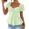 2026 Verano Nuevo Amazon TUME Estilo Europeo y Americano Cuello en V Cordón de Ajuste Manga Corta Sexy Color Sólido Camiseta para Mujer