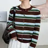 Suéter de punto de rayas con cuello redondo para mujer, nueva colección otoño 2026, elegante, de corte holgado, casual, adelgazante, cárdigan de manga larga