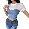 Camiseta Corta de Manga Corta con Bloques de Color de Dos Tonos, Transparente en el Ombligo, Primavera y Verano, Transfronteriza Europea y Americana de Amazon