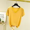 Camiseta básica de modal estilo coreano para mujer, corte holgado, talla grande, manga corta, adecuada para usar en capas, nuevo top de primavera/verano, camiseta de color liso, camiseta con cuello en V