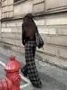 Pantalones de Cuadros Retro Negros y Grises Uncle Carrot para Mujer Primavera 2026 Casual Perezoso de Cintura Alta Abotonados Sueltos de Pierna Ancha