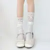 Calcetines Blancos con Adorno de Encaje y Lazo Tobilleros Primavera Verano Delgados Lolita Calcetines de Media Pantorrilla JK Dulces con Volantes Calcetines Hasta la Rodilla