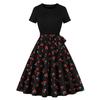 D cross-border fábrica direto verão novo europeu e americano retro feminino gola redonda manga curta preto feitiço impressão vestido