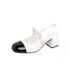 Versión de Piel de Vaca de Zapatos Mary Jane Retro Tacones Altos Franceses de Punta Redonda Versátiles Hada Primavera y Otoño Zapatos de Cuero Genuino de Tacón Grueso