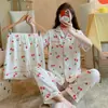 Pijama de Algodão Nuvem para Mulheres, Cardigã de Lapela Manga Curta para Primavera e Verão, Shorts e Calça Longa, Conjunto Casual de Três Peças com Lapela para Meninas