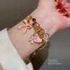 Pulseira Flor Coração com Gotejamento de Óleo Cravejada de Diamantes, Pulseira Estilo Palácio Retrô, Joia Levemente Luxuosa e de Alto Padrão para Mulheres