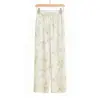 Pantalones de pijama estampados de estilo nacional frescos para mujer, pantalones de pierna ancha cropped finos de seda helada para verano, adecuados para usar al aire libre y en casa