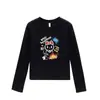 Camiseta negra de cuello redondo, hombros normales, manga larga para mujer, nuevo estilo primavera y otoño, estampado de graffiti de dibujos animados, corte ajustado, top dulce y picante para chica