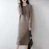 Suéter de Lana Pura con Cuello Redondo para Mujer, Vestido de Manga Larga de Color Sólido, Nueva Falda Larga de Canalé Ajustada Otoño/Invierno