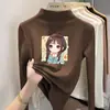 Ropa interior para niñas con forro polar, nuevo estilo otoño/invierno, manga larga, a la moda, cuello semi-alto, cálida, top estampado para niñas pequeñas y grandes