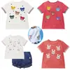 Camiseta de Manga Curta de Verão Nova Infantil Desenho Animado Urso e Coelho Fofos Patch Bordado Color Block Manga Curta
