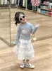 Ropa Infantil Estilo Coreano Otoño 2024 Niñas Dulce Fresca Dibujos Animados Camiseta sin Mangas Moda Camiseta Base Corta Falda de Encaje Hueca
