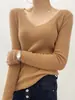 Suéter de tricô de lã com decote V suave estilo francês para mulheres, camisa base elástica slim fit para outono e inverno, macio e confortável para o trajeto