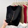 Colete Tricotado Gola Redonda com Botões Arco-Íris Estilo Transfronteiriço para Mulheres Primavera e Outono Solto Fashionable Camisa Colete Camiseta para Camadas