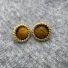 Pendientes de Plata S925 con Chapado de Oro Real y Piedra Ojo de Tigre Retro Pendientes Redondos Geométricos Botón Retorcido Joyería para Orejas 1326