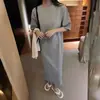Estação Europeia Cor Pura Gola Redonda Manga Curta Camiseta Saia Vestido Feminino Verão Novo Solto Estilo Preguiçoso Comprimento Médio