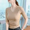 Playera de Manga Media de Color Sólido para Mujer 2025 Nueva Camiseta Elegante de Cuello en V con Bajo Acanalado para Mujer Top Raglán con Cintura Plisada
