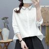 Camisa de Algodão de Camada Dupla com Meia-manga Feminina Verão Estilo Japonês Artístico Divertido Bordada Macia Amiga da Pele Algodão Meia-manga Top