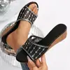 Sandalias Planas de Tira con Pedrería de Nuevo Tamaño Transfronterizas para Mujer, Chanclas de Playa de Malla con Punta Abierta y Tacón Medio Wish
