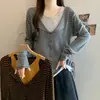 2026 Tallas Grandes para Mujer Nuevo Otoño Estilo Americano Bloque de Color Falso Dos Piezas Dobladillo Rayado Cordón Top de Punto