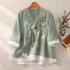 Camisa bordada de verão estilo chinês, solta, de manga média, com carcela diagonal, um novo top retrô tipo vestido de chá Hanfu