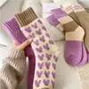 Calcetines Gruesos Forrados de Polar Otoño e Invierno Base de Toalla de Felpa Cachemir Cálido Morado Amor Flor Pequeña Ins Calcetines de Mujer de Moda
