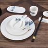 Vajilla de cerámica de cinco piezas para mesa de hotel estilo chino, plato, cuchara, taza, palillos, juego de vajilla para restaurante, club, pintura de paisaje