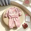 Conjunto Infantil Primavera e Outono 2026 Estilo Coreano para Meninas, Moletom Elegante com Gola Redonda e Calça Jogger com Cintura Elástica, Conjunto de Duas Peças Versátil Versão Coreana