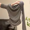 Camiseta Manga Longa Patchwork Bolinhas Ombro Assimétrico Ombro a Ombro Falsa Peça Dupla Estilo Coreano Feminina Primavera/Outono Novo Design Sensação Top Emagrecedor ins