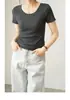 Camiseta de manga corta acanalada con cuello en U para mujer, nuevo estilo verano 2026, corte ajustado, diseño holgado, top versátil, camiseta básica