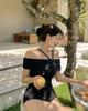 Coreia do Sul Ins Estilo Sexy Flesh-Covering Slimming One-Piece Cor Sólida Off-Shoulder Neck Bikini Pequeno Peito Push-Up Maiô