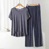 Conjunto de Calça Reta de Manga Curta com Gola Redonda de Modal Feminino Verão Novo Solto Emagrecedor Confortável Conjunto de Duas Peças para Casa