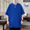 Camiseta de Manga Corta Pesada 220g Algodón Puro para Hombre Cuello Redondo Estilo Americano Holgada Verano Algodón Manga Media Color Sólido