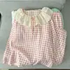 Pijama doble largo de encaje de algodón nube a cuadros amarillos, conjunto fino y amigable con la piel para casa para mujer en primavera y otoño