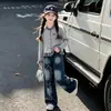 Conjunto de Primavera y Otoño para Niñas 2026 Nuevo Casual Estilo Coreano Niña Niños Medianos y Grandes Bloques de Color Cárdigan Jeans con Graffiti Tendencia