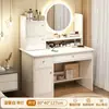 Tocador de dormitorio para uso doméstico con espejo iluminado y gabinete de almacenamiento, diseño simple integrado, tocador y silla modernos de gran capacidad