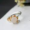 Set Mayorista de Joyería de Plata Nafoge con Jade Hetiano Natural Anillo de Plata Vintage de Loto Anillo Abierto de Plata de Ley 925 para Mujer