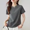 92% algodón 8% elastano para mujer, color liso, simple, cuello en V pequeño, camiseta casual versátil con diseño de botones, jersey