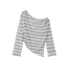 Camiseta a rayas de manga larga, hombros descubiertos, corte relajado, estilo retro americano para mujer, cubierta casual suelta de otoño, protección solar