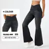 Calça Jeans Flare para Yoga de Alta Elasticidade Cruzada na Cintura, Emagrecimento e Levanta Bumbum, Calça Casual com Duplo Bolso e Efeito Desgastado
