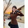 Suéter Polo Vintage con Costuras a Cuadros para Mujer Otoño e Invierno Diseño con Sentido Ajustado Camisa Base con Top Rojo