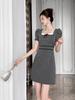 Vestido Miu Gris con Lunares en la Cintura Cuadrado para Mujer Verano Estilo Coreano Silueta Adelgazante Elegante Falda Pequeña en A 61777