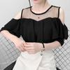 Camisa de Renda Chiffon Babados Ombro a Ombro Solta Estilo Ocidental Cobrindo a Barriga Verão Super Fada Manga Curta Plissada Doce Top para Mulheres