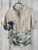 Camisa de Manga Corta con Cuello en V de 3 Botones, Estampado Digital, Paisaje de Carpas 3D Digital con Transferencia de Calor, Transfronteriza Europea y Americana 2024
