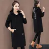 Vestido longo com capuz e forro de lã feminino outono e inverno estilo coreano casual moda carta impressão manga comprida bolso vestido suéter