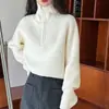 Suéter de Gola Alta Meio Zíper, Estilo Preguiçoso, Curto, para Mulheres Baixas, Tricô Outono e Inverno, Peça de Roupa Externa Macia e Solta, Top Tendência